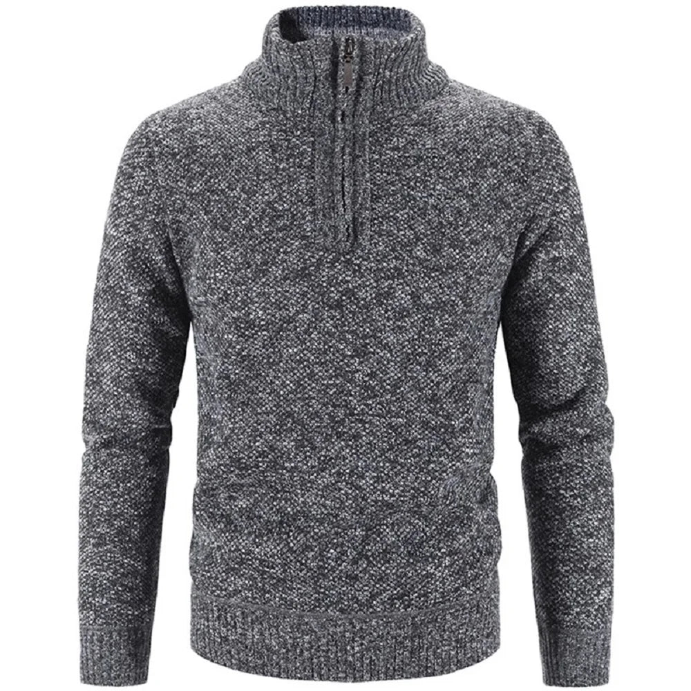 Gray knit half-zip sweater shown from back, with ribbed hem and cuffs.