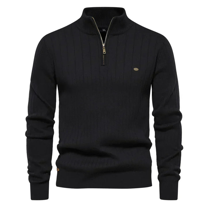 Black ribbed knit quarter-zip sweater with mock neck and long sleeves
