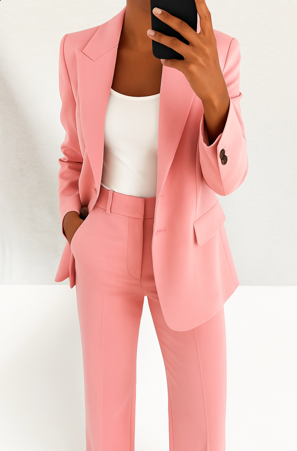 Pink tailored blazer and trousers two-piece set with lapels and single-button detail