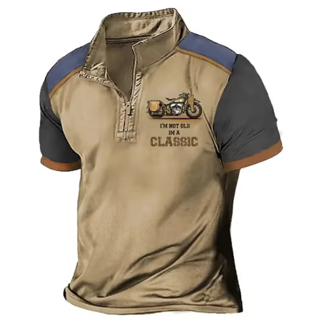Mens two-tone polo shirt, tan front with dark sleeves and motorcycle chest graphic