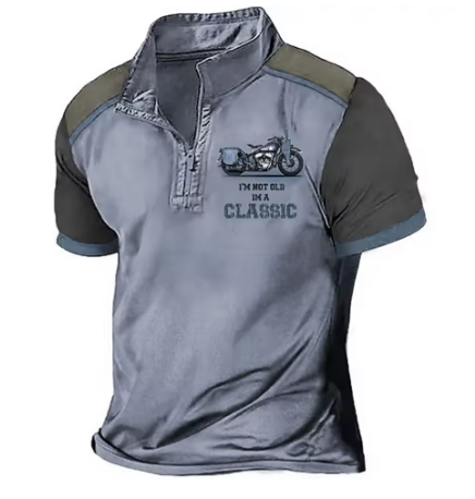Mens two-tone polo shirt, light blue front with dark sleeves and motorcycle chest graphic
