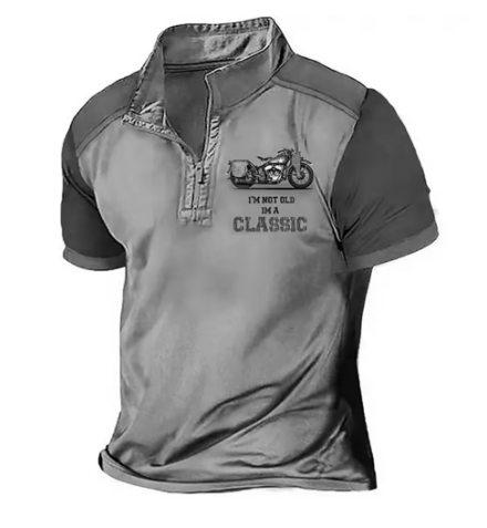 Mens two-tone polo shirt, gray front with dark sleeves and motorcycle chest graphic