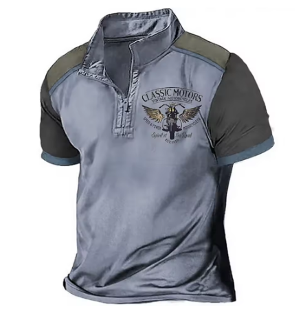 Mens two-tone polo shirt, light blue front with dark sleeves and Classic Motors emblem