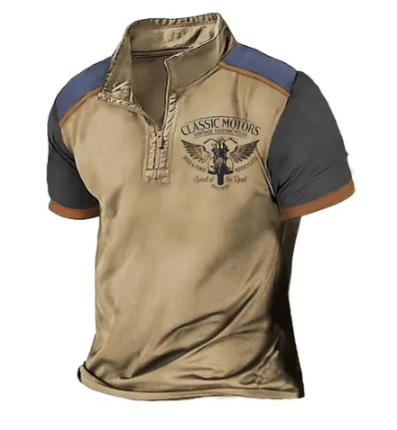 Mens two-tone polo shirt, tan front with dark sleeves and Classic Motors emblem
