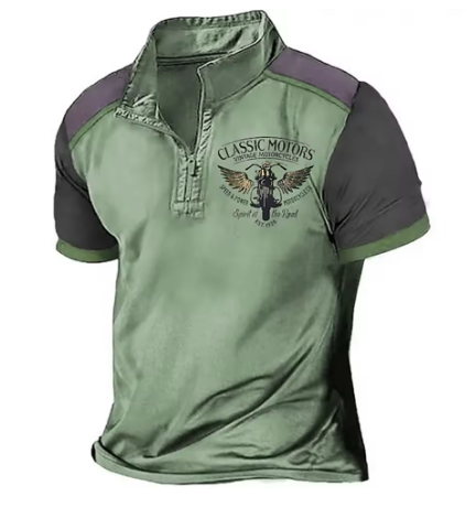 Mens two-tone polo shirt, green front with dark sleeves and Classic Motors emblem