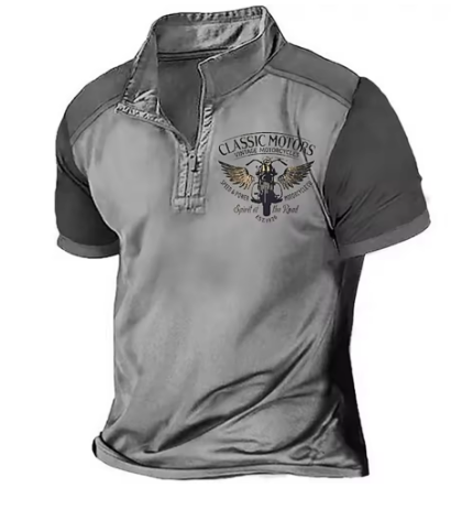 Mens two-tone polo shirt, light gray front with dark sleeves and Classic Motors emblem