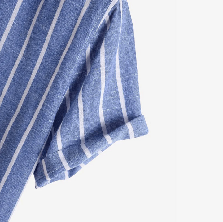 Blue and white vertical stripe polo sleeve with ribbed cuff