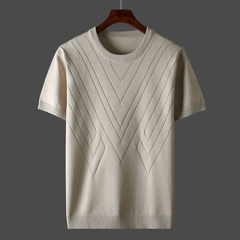 Beige cashmere crew-neck knit shirt with chevron V-stitch pattern, ribbed hem and cuffs