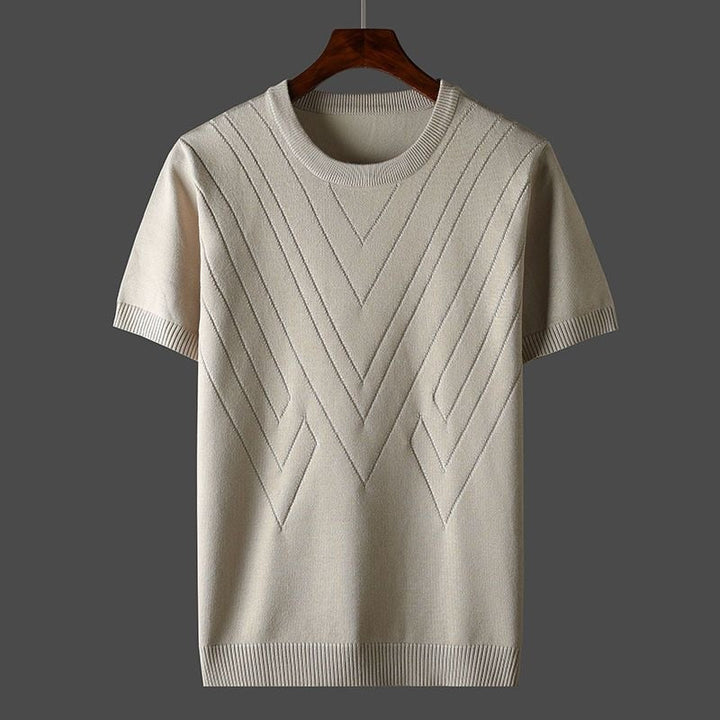 Beige cashmere crew-neck knit shirt with chevron V-stitch pattern, ribbed hem and cuffs