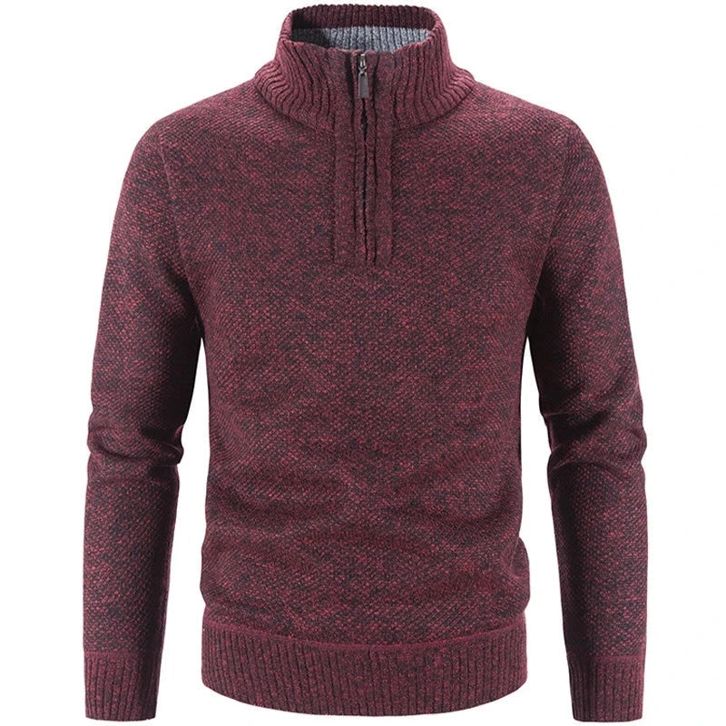 Burgundy knit half-zip sweater with ribbed stand collar and cuffs.