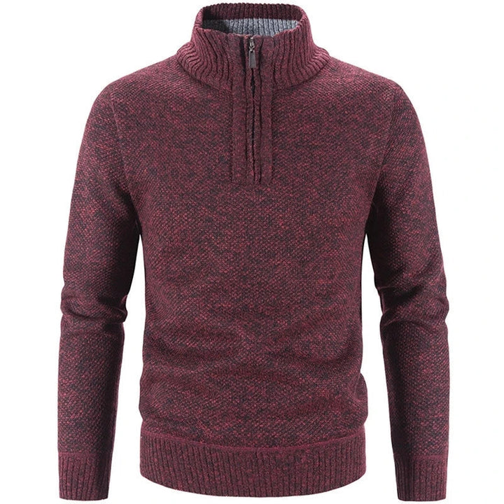 Burgundy knit half-zip sweater with ribbed stand collar and cuffs.
