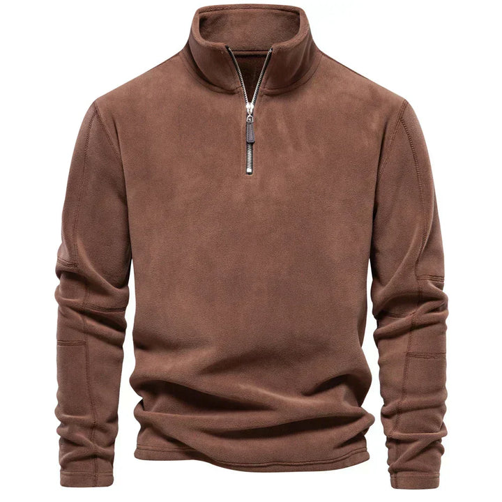 Men's quarter-zip windbreaker jacket, brown fleece with stand collar and long sleeves