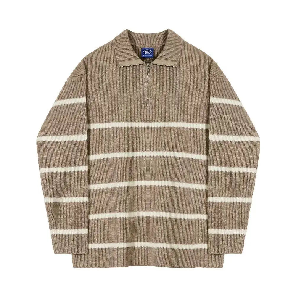 Khaki wool knit sweater with collared button placket and horizontal white stripes