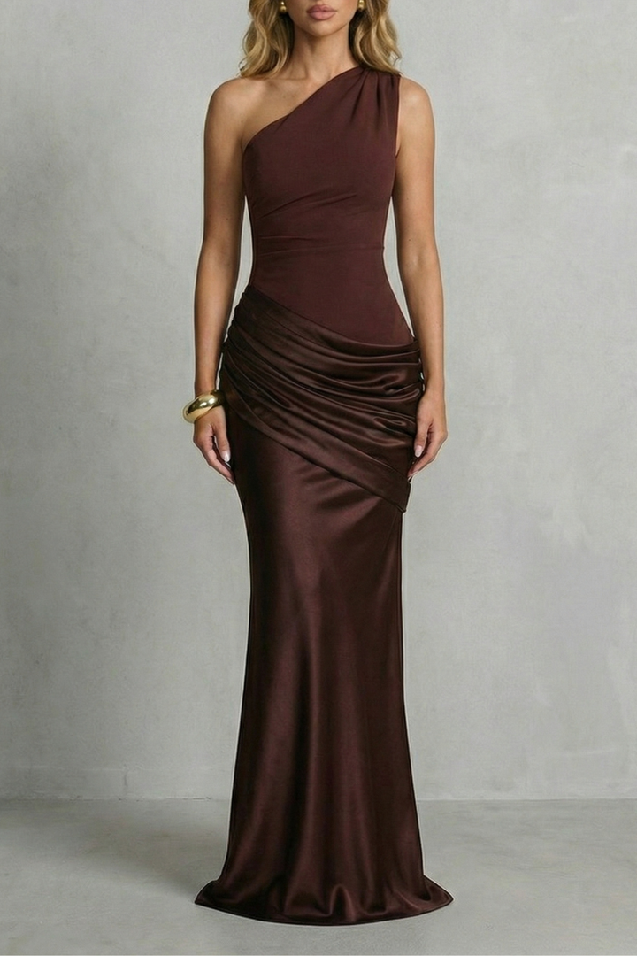 One-shoulder maxi dress in dark brown satin, draped waist and ruched side detail