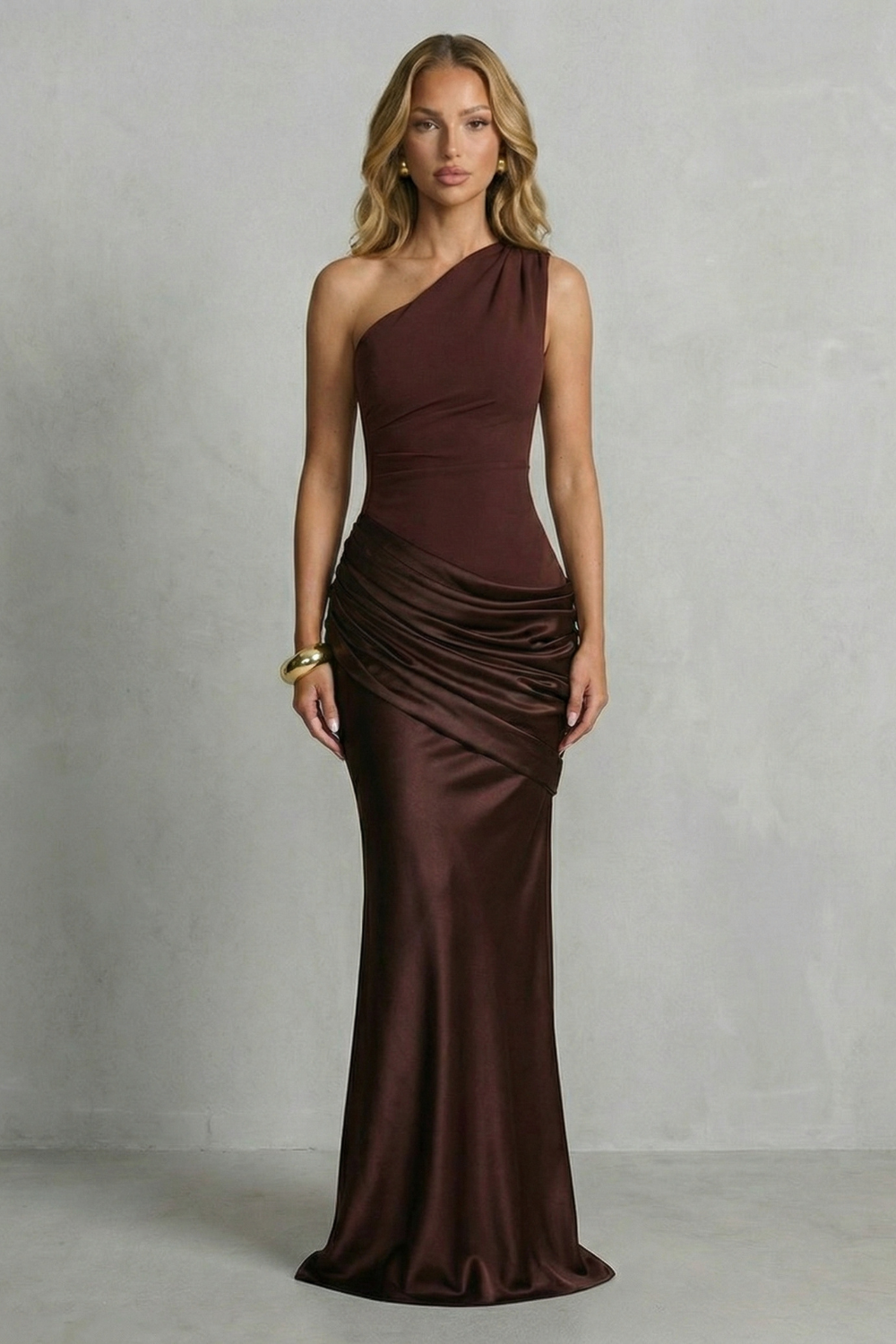 One-shoulder maxi dress in dark brown satin with gathered ruched skirt at waist