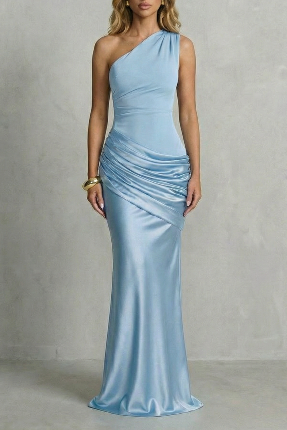 One-shoulder maxi dress in light blue satin with gathered ruched side at waist