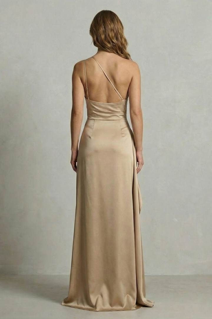 Champagne one-shoulder satin maxi dress, open back with thin straps