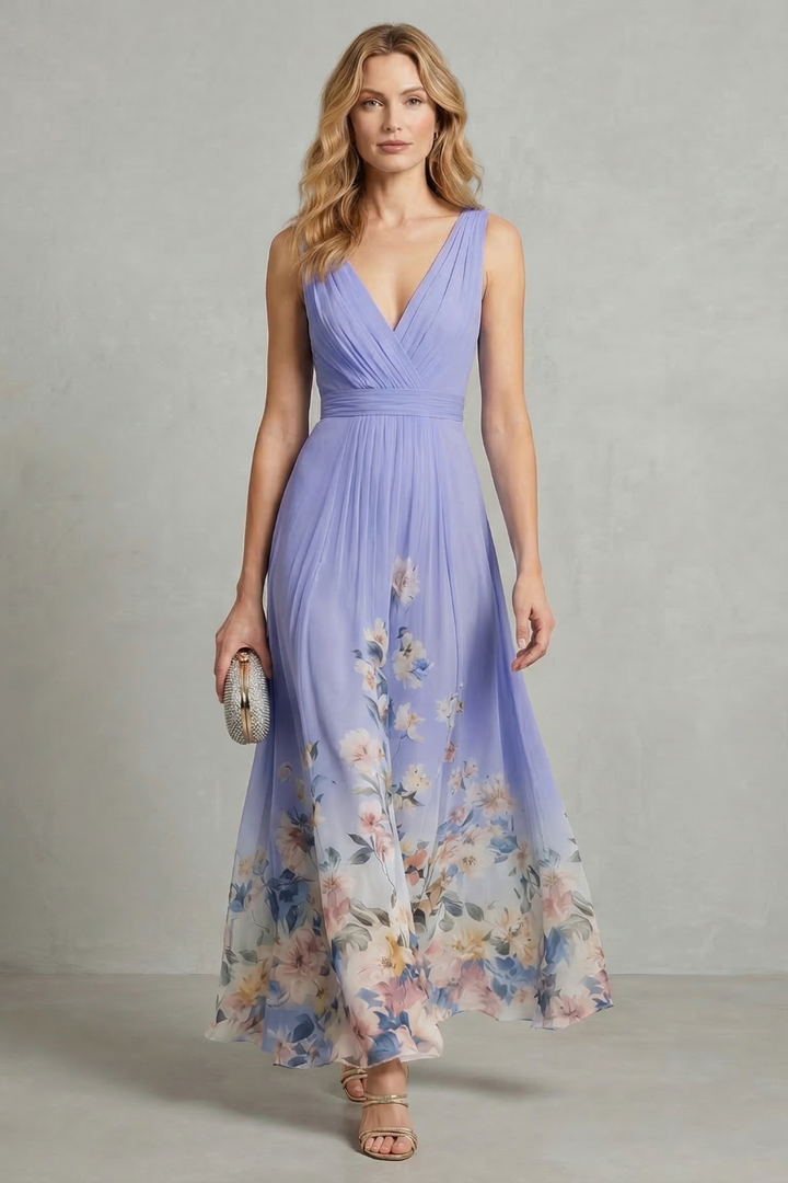 Light purple V-neck pleated maxi dress with floral print and pleated waist