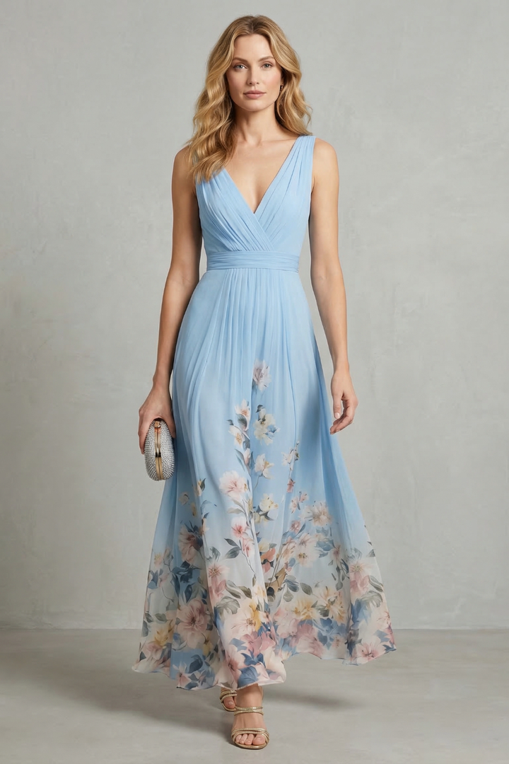 Light blue V-neck pleated maxi dress with scattered floral print, sleeveless