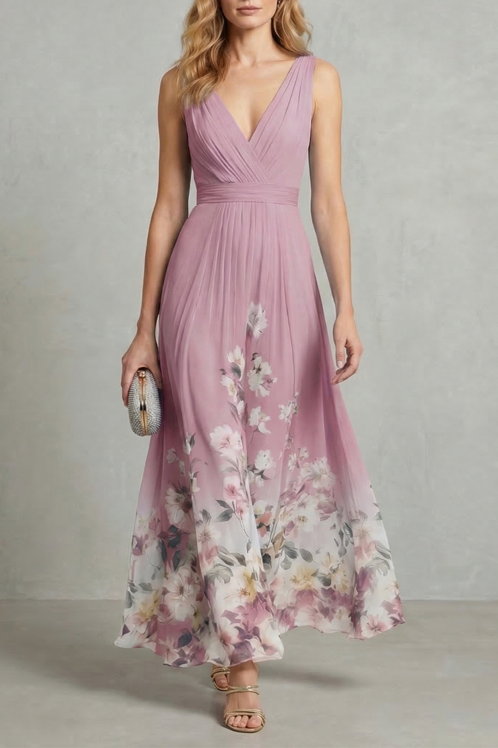 Pink V-neck pleated maxi dress with floral print and sleeveless bodice