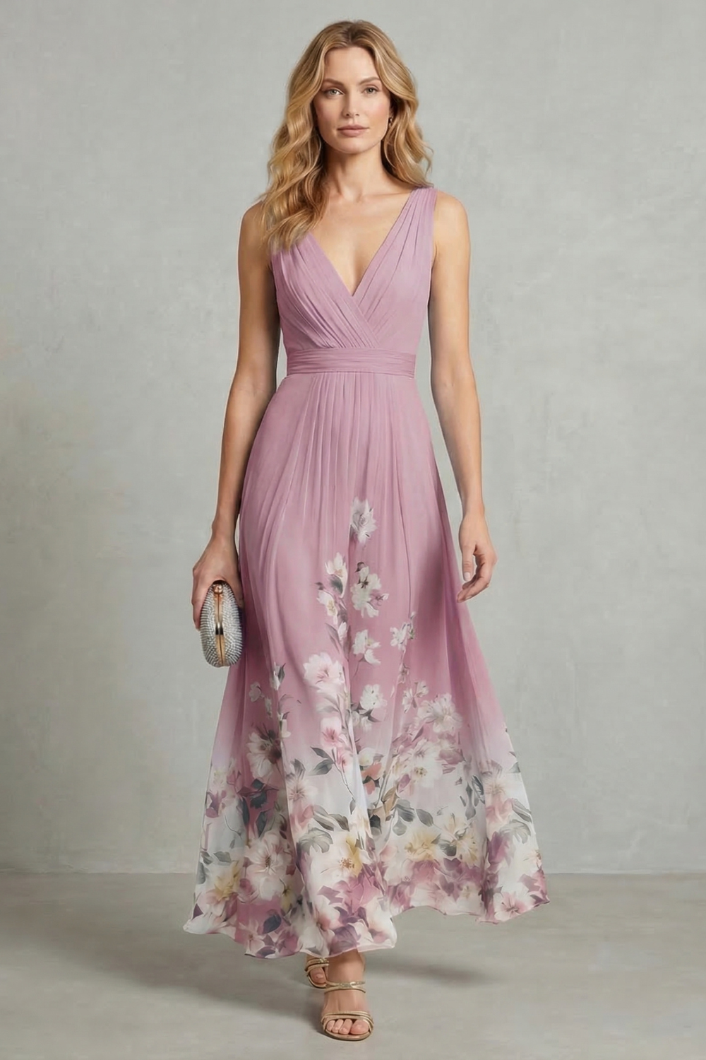 Mauve-pink V-neck pleated maxi dress with floral print, sleeveless