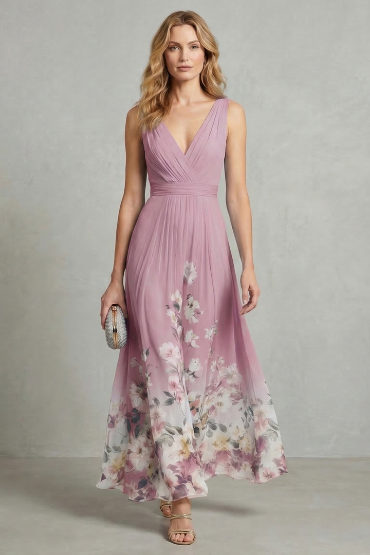 Mauve-pink V-neck pleated maxi dress with floral print, sleeveless