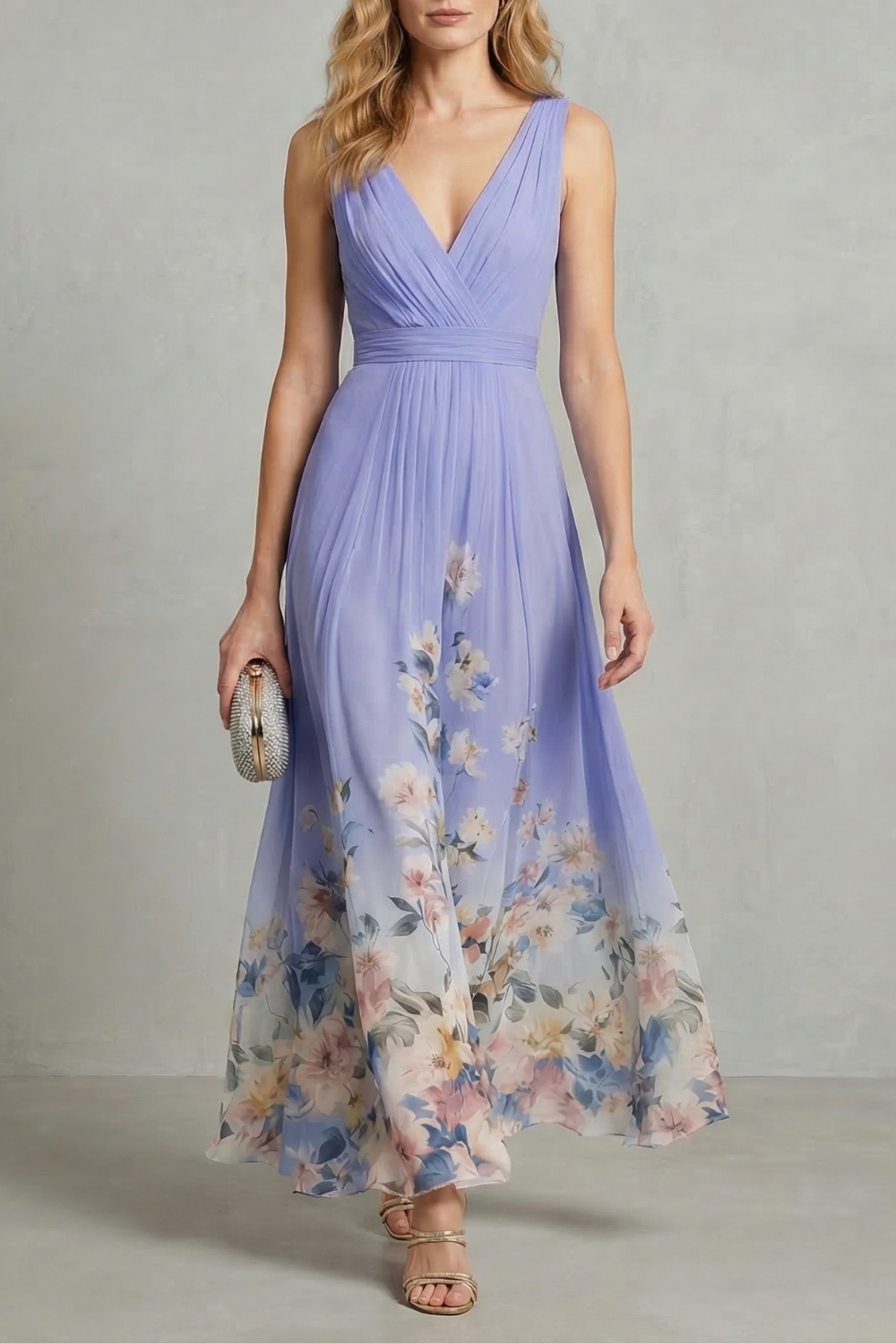 Lavender V-neck pleated maxi dress with floral print and sleeveless bodice