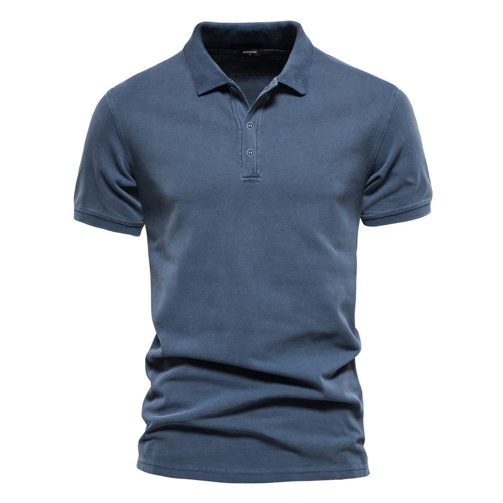 Men's dark blue polo shirt with collar and button placket, short sleeves