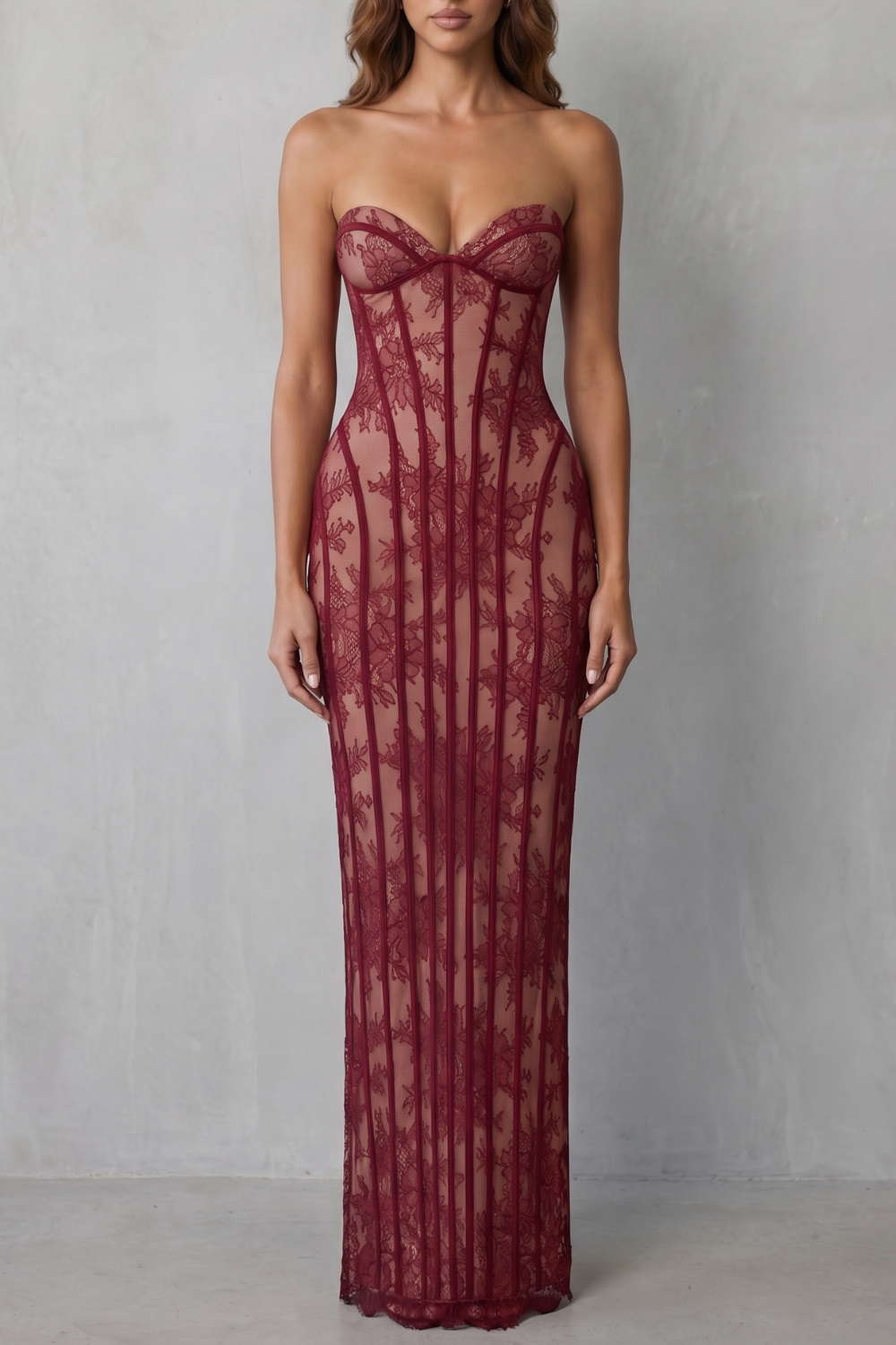 Wine red lace maxi dress with sweetheart neckline and corset-style bodice, long column skirt