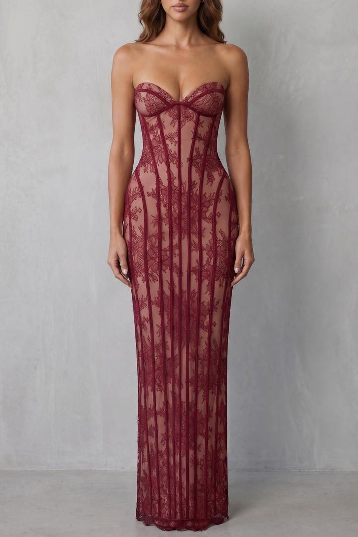 Wine red lace maxi dress with sweetheart neckline and corset-style bodice, long column skirt