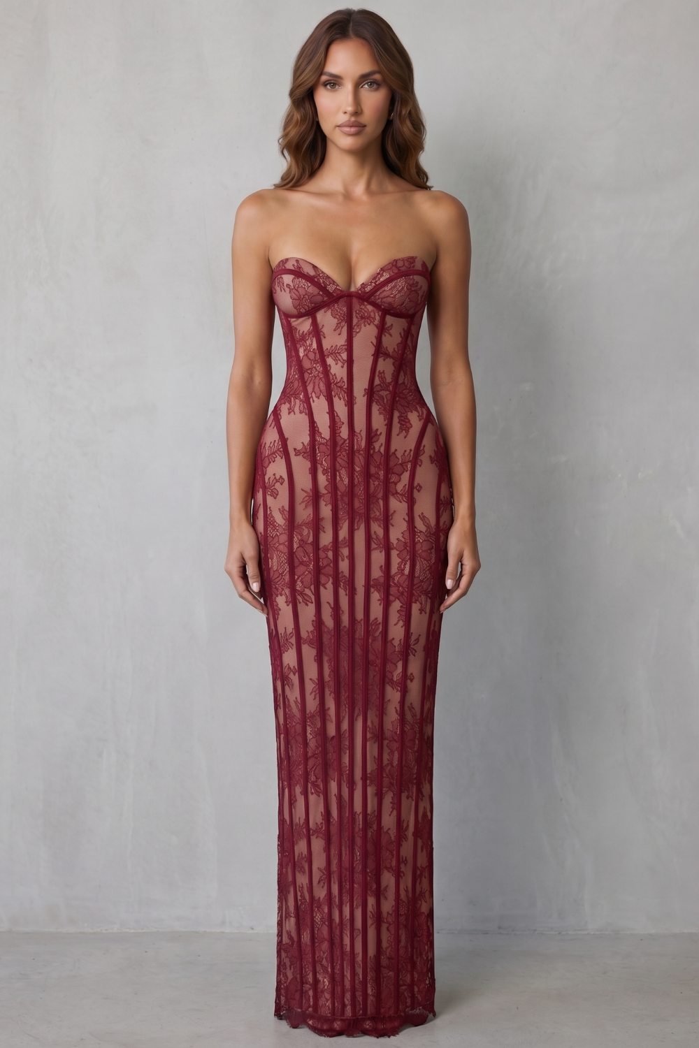 Wine red lace maxi dress with bow-front bustier and vertical lace panels, long column skirt