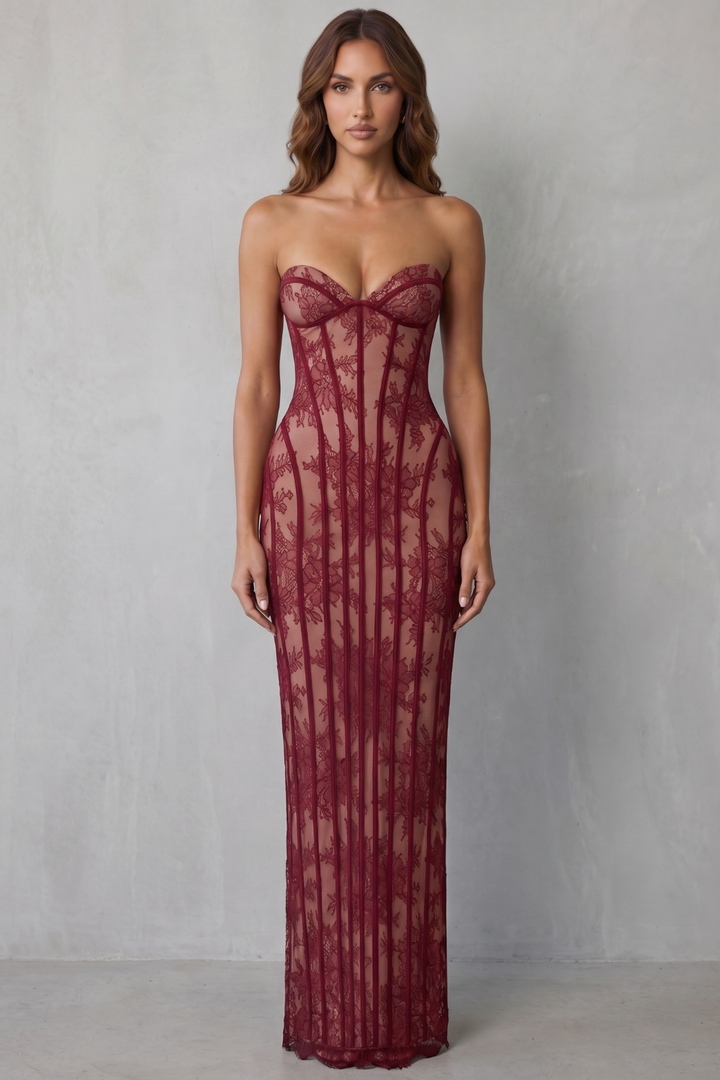 Wine red lace maxi dress with bow-front bustier and vertical lace panels, long column skirt