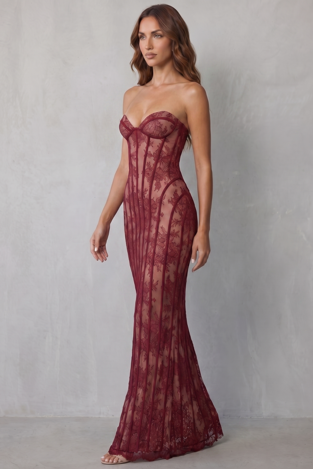 Wine red lace maxi dress with spaghetti straps and bow bust, formfitting long skirt