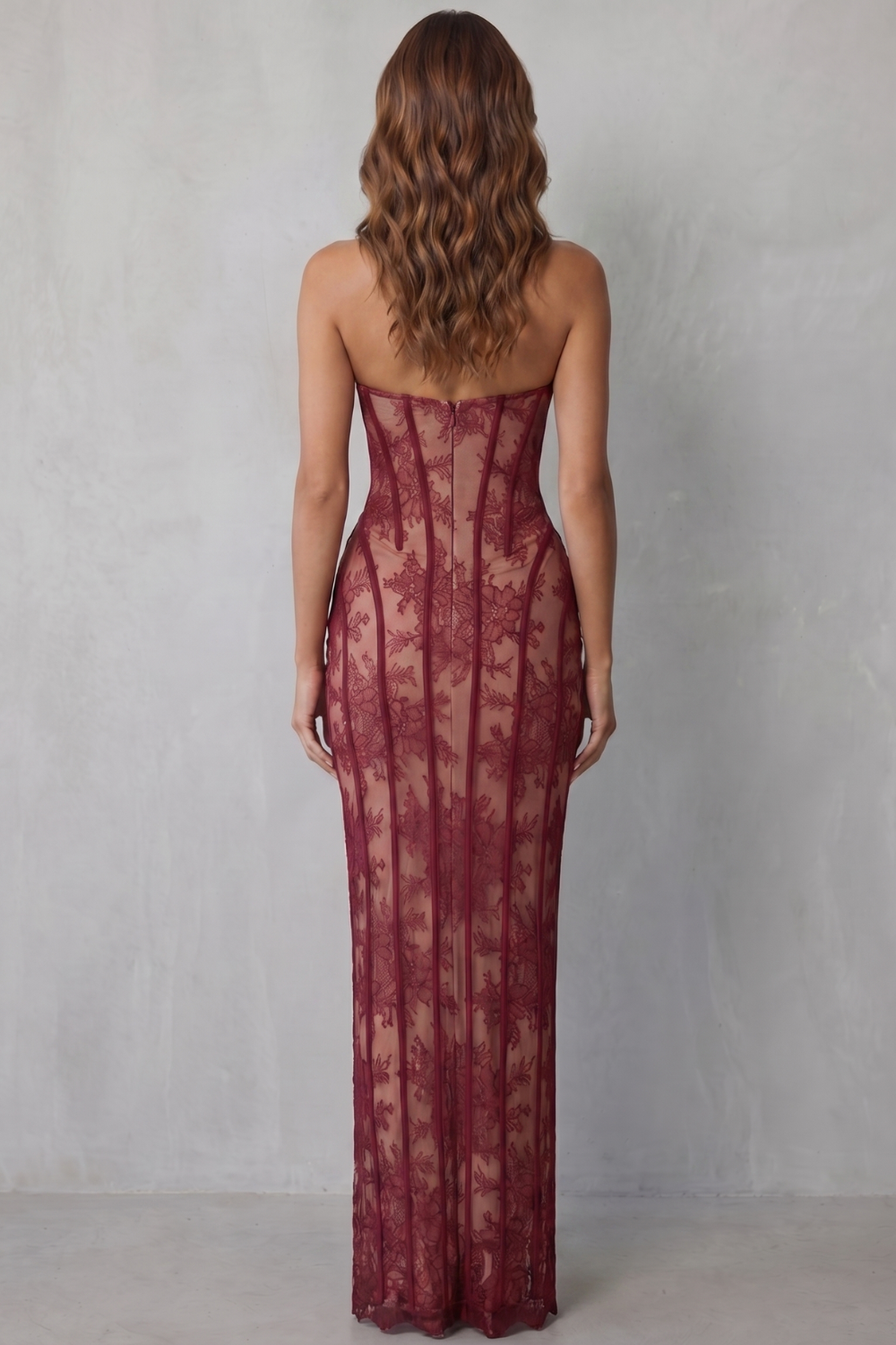 Wine red lace maxi dress, racerback with open back and vertical lace panels, long column fit