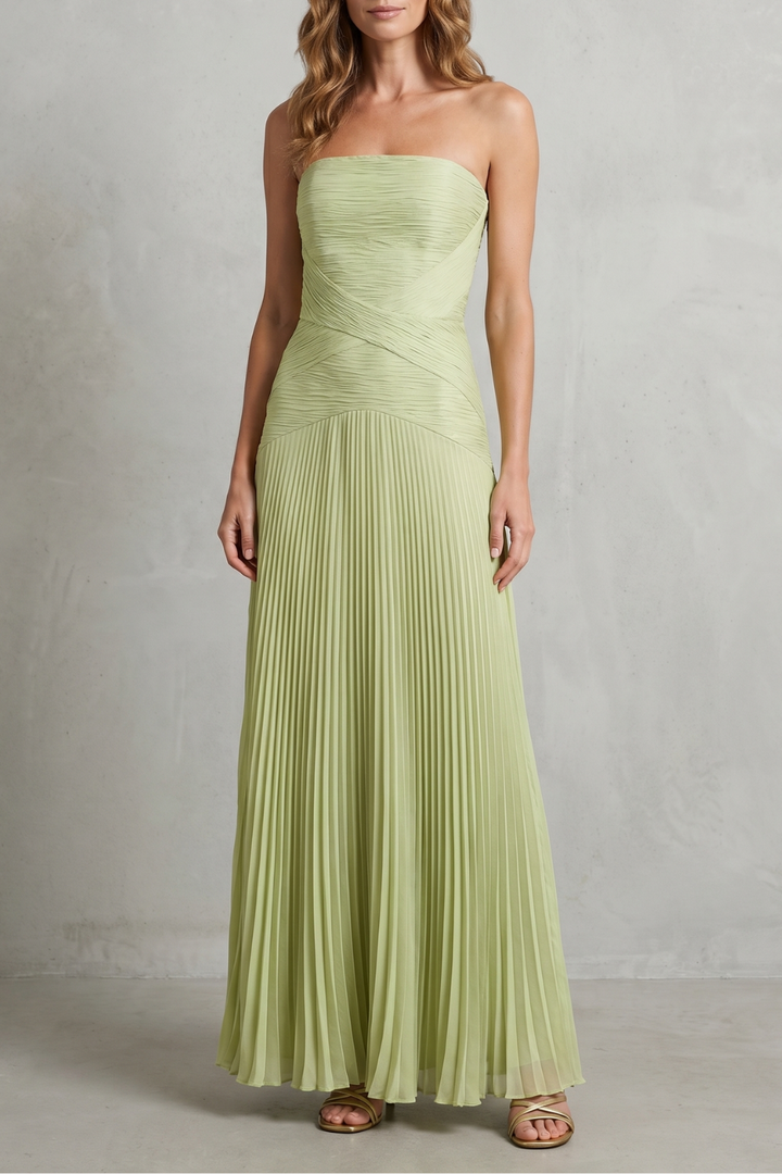 Sage green strapless pleated maxi dress with fitted bodice