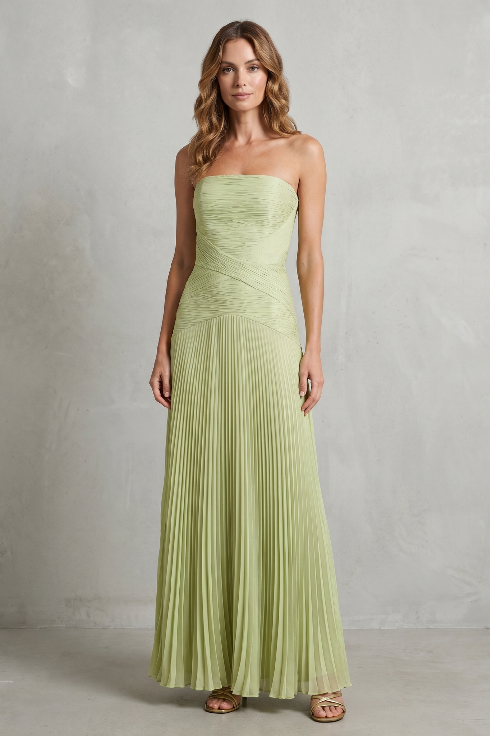 Sage green strapless pleated maxi dress, draped bust and gathered waist