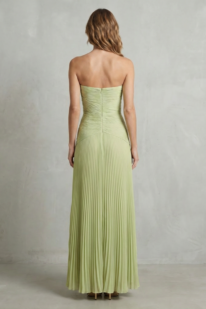 Sage green strapless pleated maxi dress, back view with exposed upper back