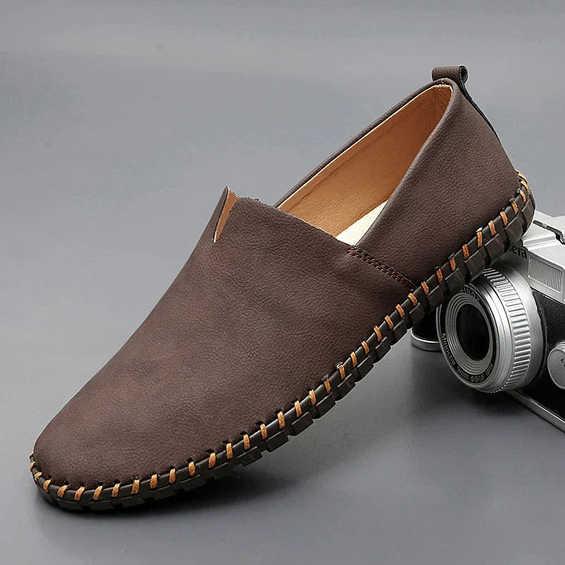 Espresso-brown stitch loafer with contrast welt and moc-style stitching