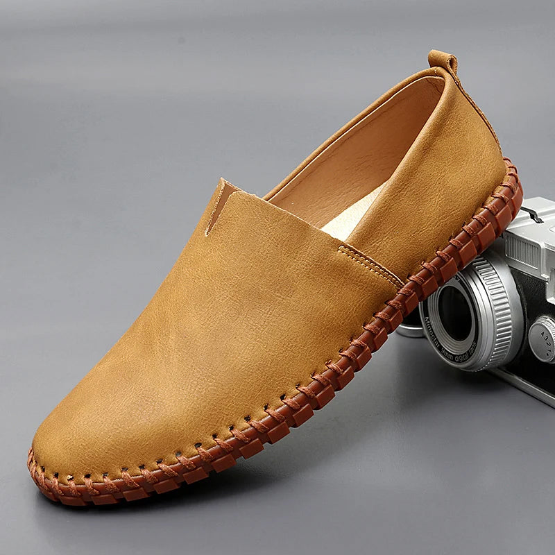 Khaki-gold stitch loafer with red-brown contrast welt and moc-style stitching