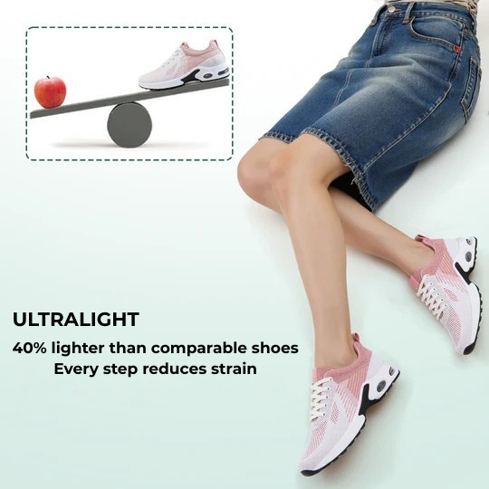 Light pink lightweight walking sneakers with white laces worn with blue jeans