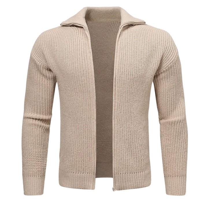 Beige zip-up knit cardigan sweater with stand collar and full front zipper