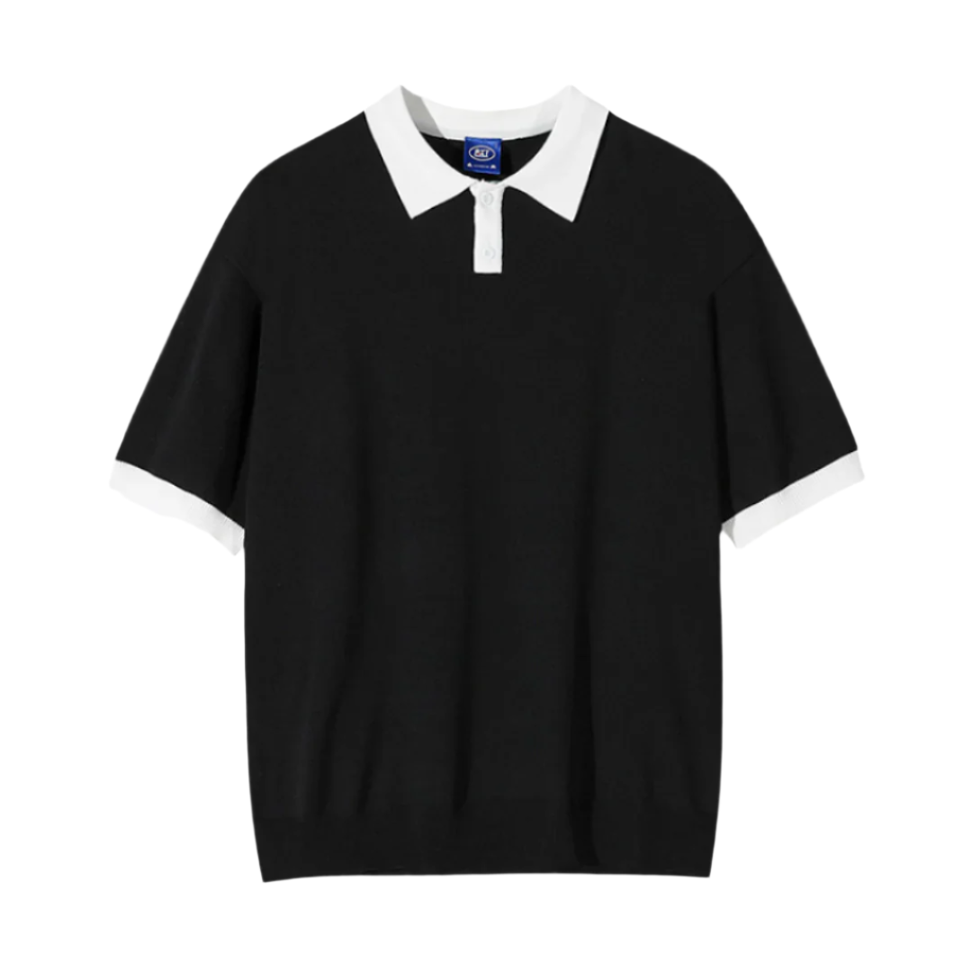 Men's wide-sleeve polo shirt, black knit with white contrast collar and button placket
