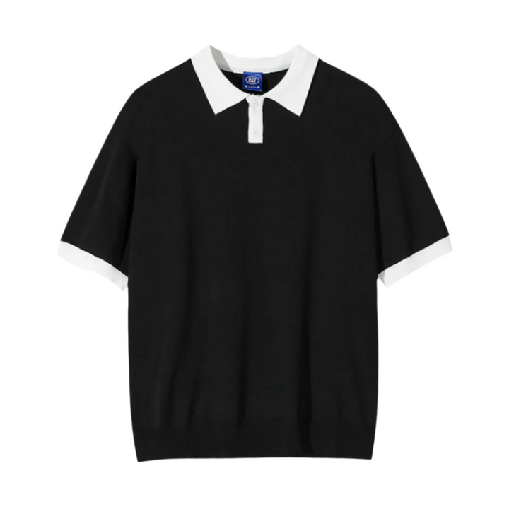 Men's wide-sleeve polo shirt, black knit with white contrast collar and button placket