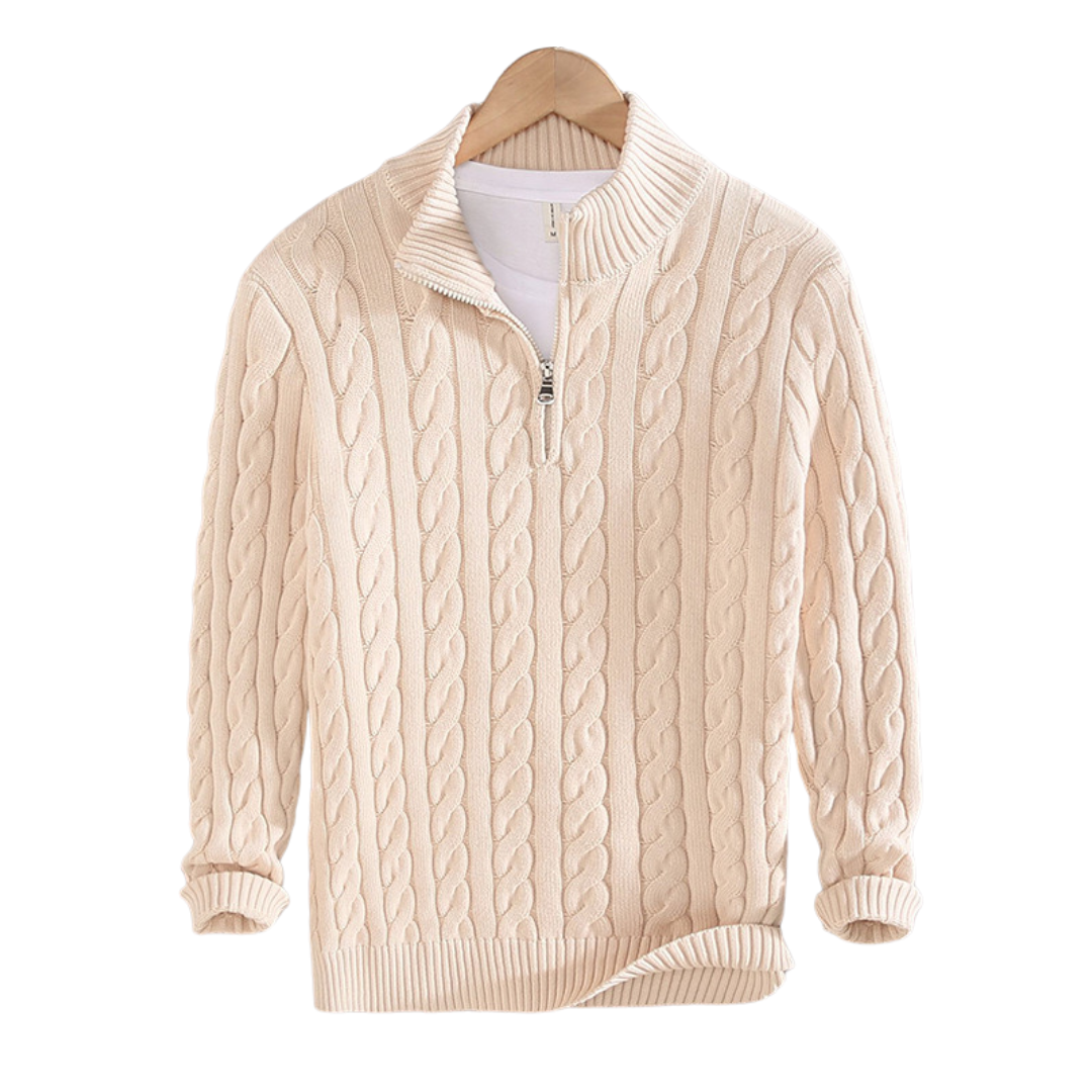 Beige cable-knit half-zip pullover with ribbed collar, cuffs, and hem