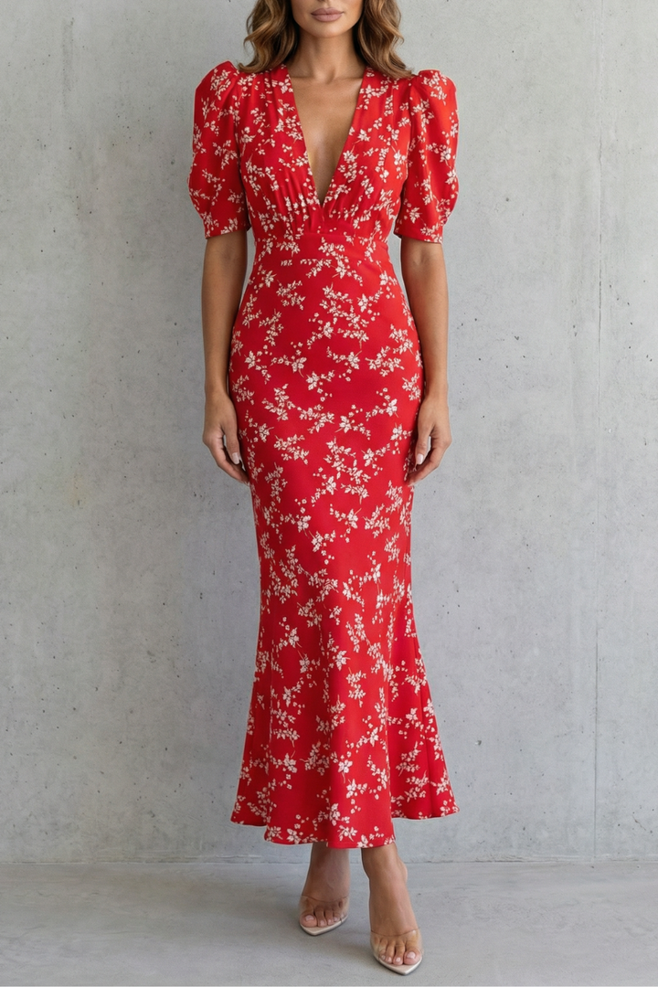 Red floral print maxi dress with V-neck and puff sleeves, fitted mermaid hem