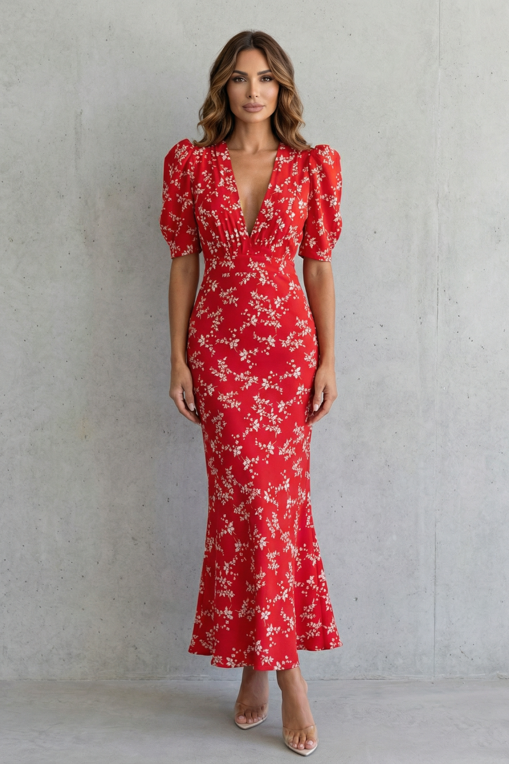 Red floral print maxi dress with V-neck and puff sleeves, fitted waist, flared hem