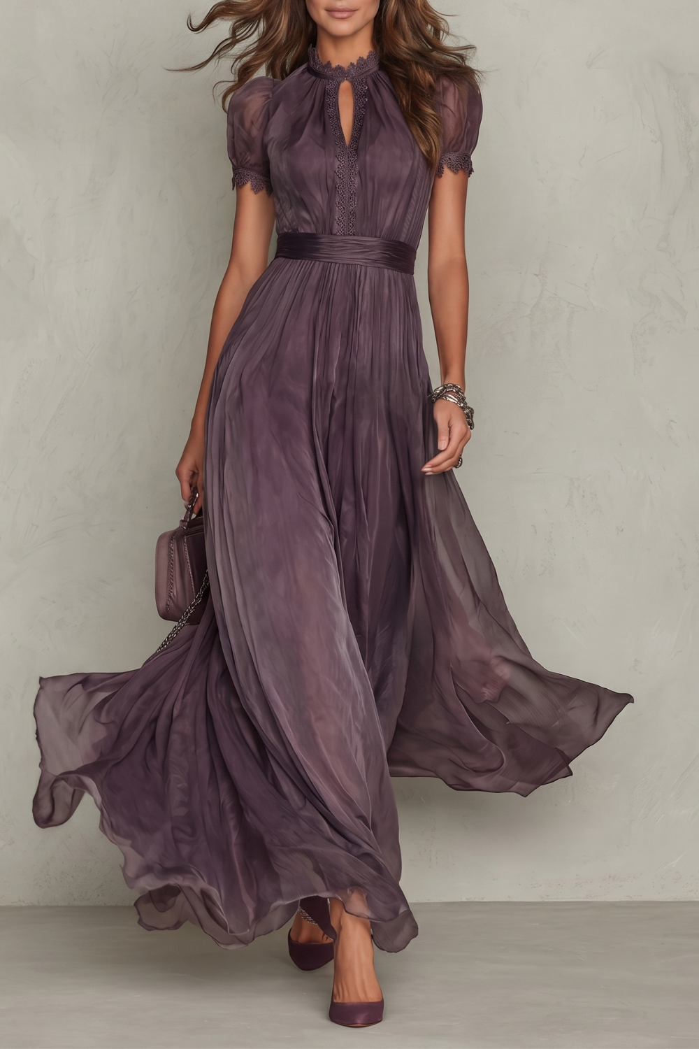 Purple lace maxi dress with keyhole neckline, puff sleeves, and gathered waist