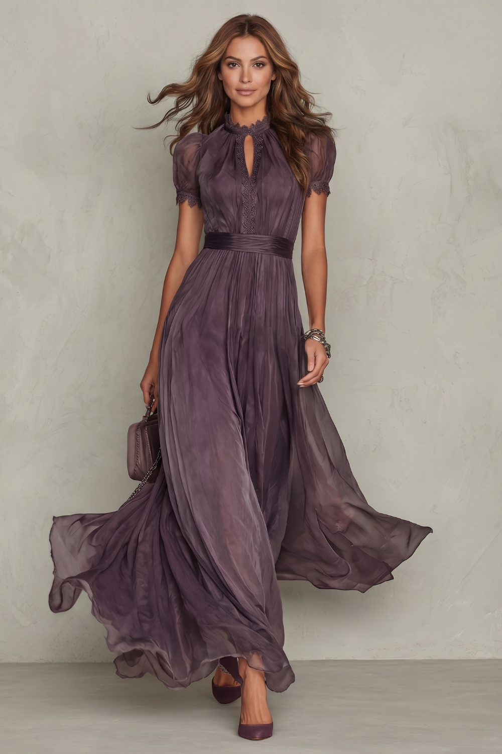 Purple lace maxi dress with keyhole neckline, puff sleeves, and pleated skirt