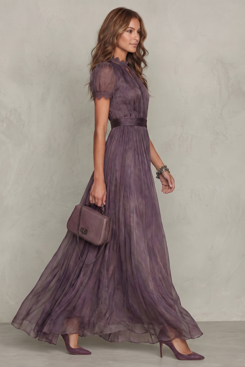 Purple lace maxi dress with keyhole neckline, puff sleeves, and cinched waist