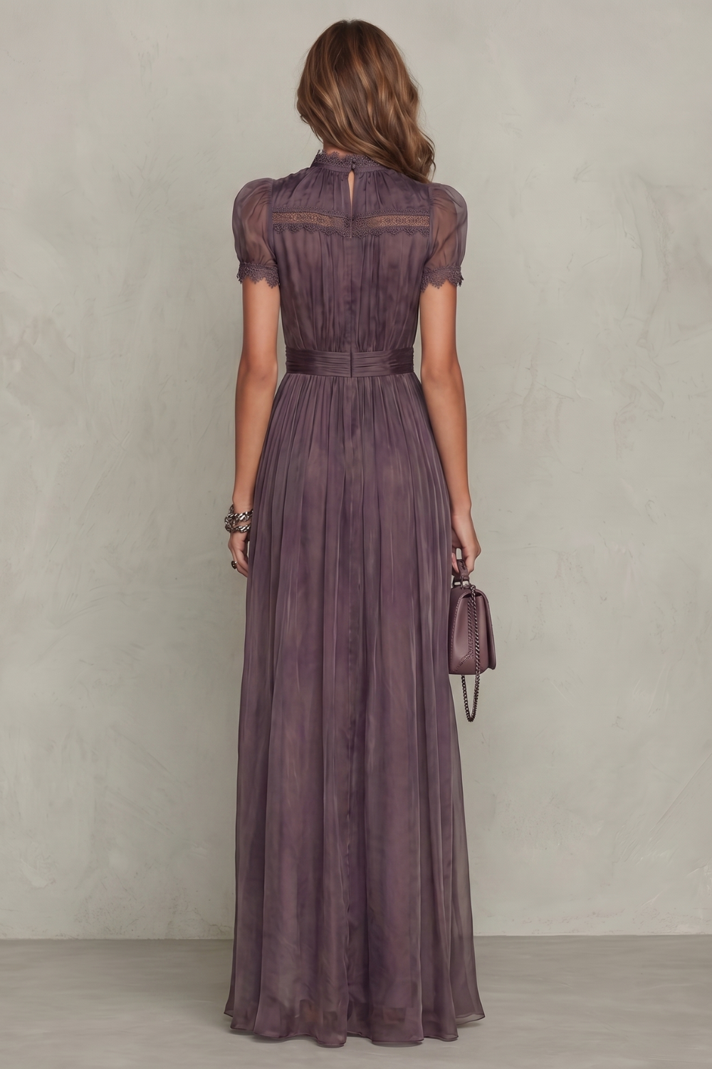 Purple lace maxi dress with back lace panel, puff sleeves, and belted waist